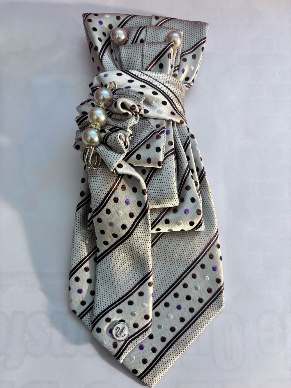 Pearl-Embellished Polka Dot Necktie Scarf in Cream and Purple